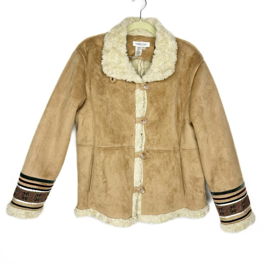 Coldwater Creek Faux Suede Fur Oriental Lace High Neck Toggle Duffle Coat Sz PL